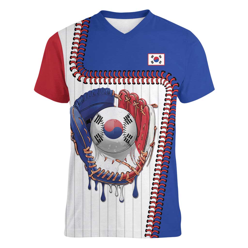Custom Dripping Baseball South Korea Women V-Neck T-Shirt