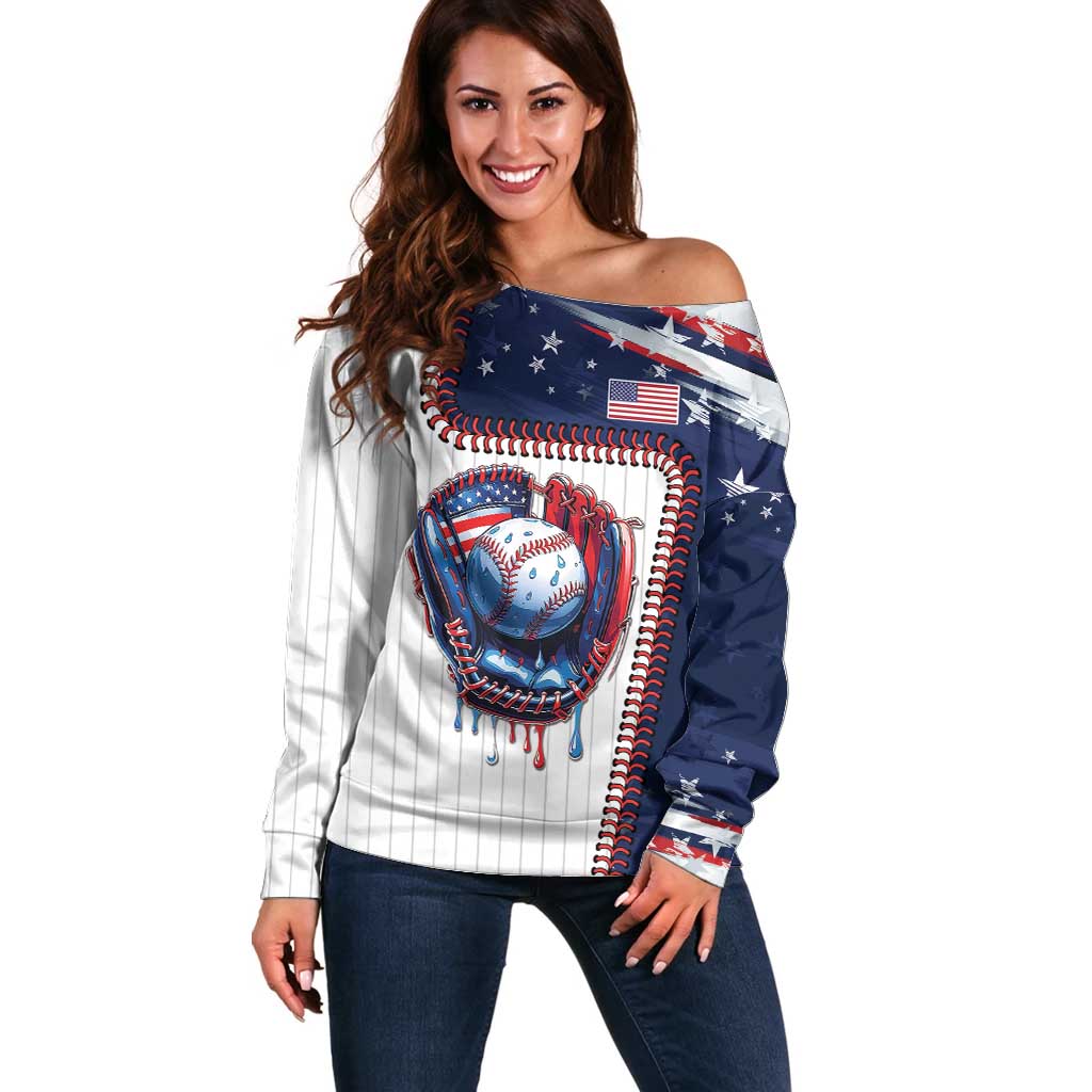 Custom Dripping Baseball United States Off Shoulder Sweater