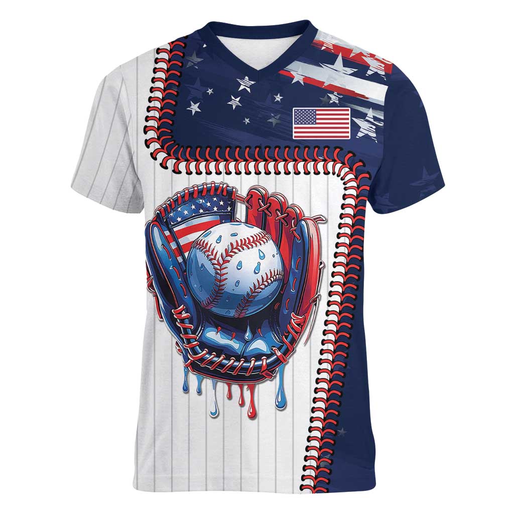 Custom Dripping Baseball United States Women V-Neck T-Shirt