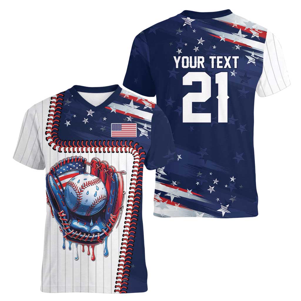 Custom Dripping Baseball United States Women V-Neck T-Shirt