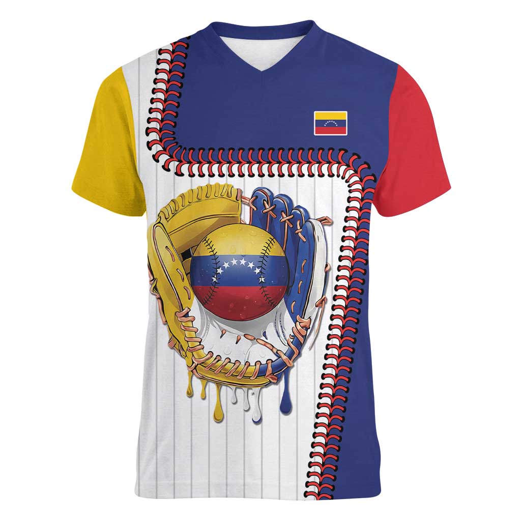 Custom Dripping Baseball Venezuela Women V-Neck T-Shirt
