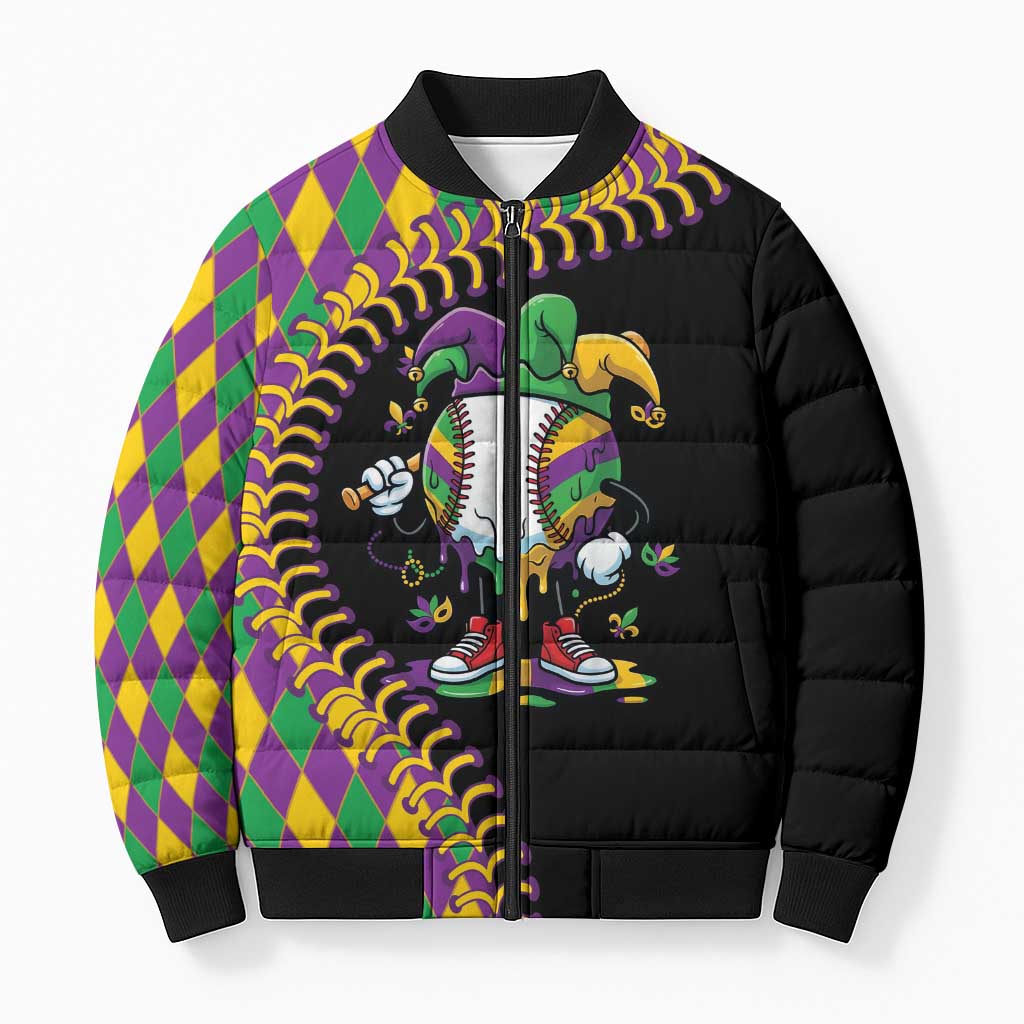 Dripping Baseball Mardi Gras Bomber Puffer Jacket Throw me Something Mister!