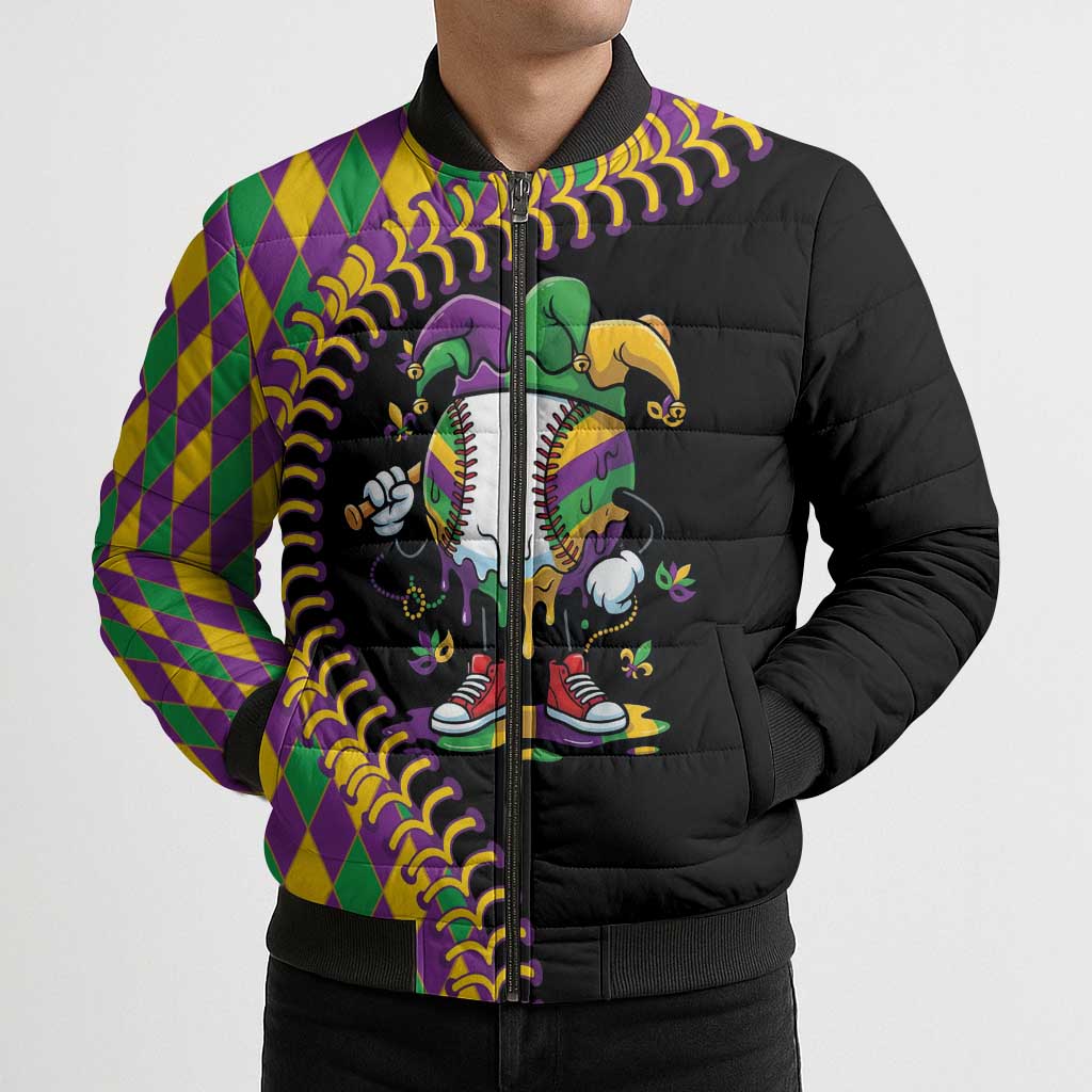 Dripping Baseball Mardi Gras Bomber Puffer Jacket Throw me Something Mister!