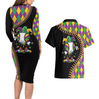 Dripping Baseball Mardi Gras Couples Matching Long Sleeve Bodycon Dress and Hawaiian Shirt Throw me Something Mister!
