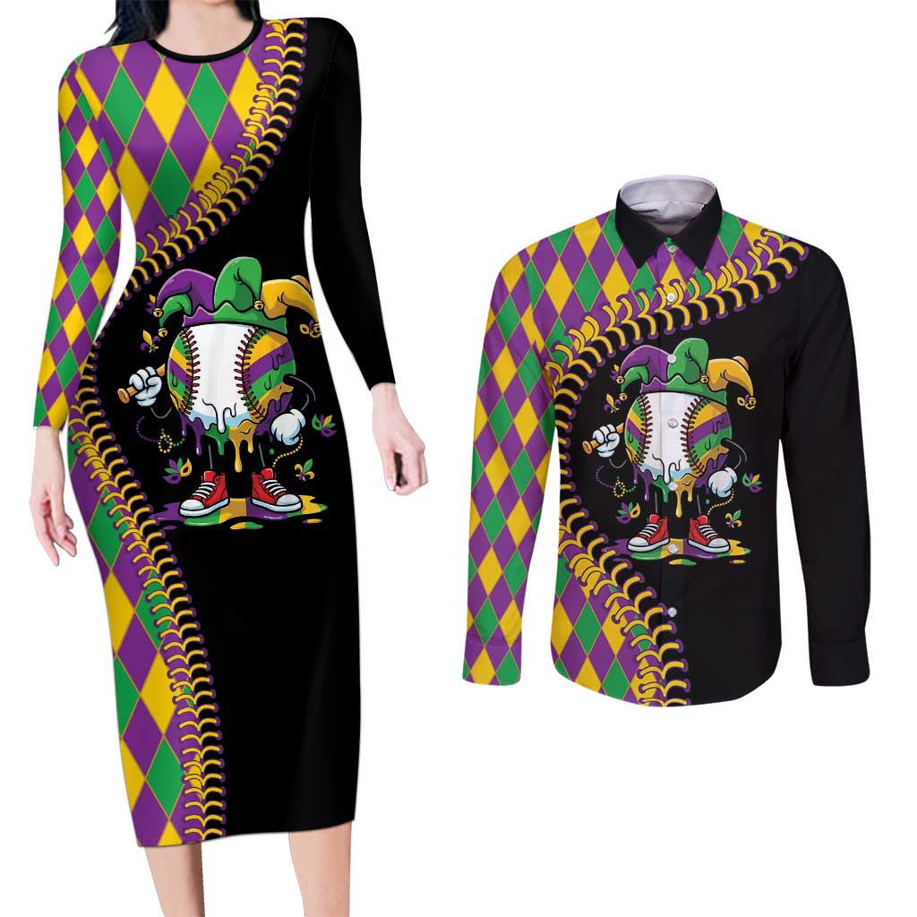Dripping Baseball Mardi Gras Couples Matching Long Sleeve Bodycon Dress and Long Sleeve Button Shirt Throw me Something Mister!