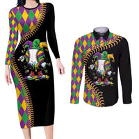 Dripping Baseball Mardi Gras Couples Matching Long Sleeve Bodycon Dress and Long Sleeve Button Shirt Throw me Something Mister!
