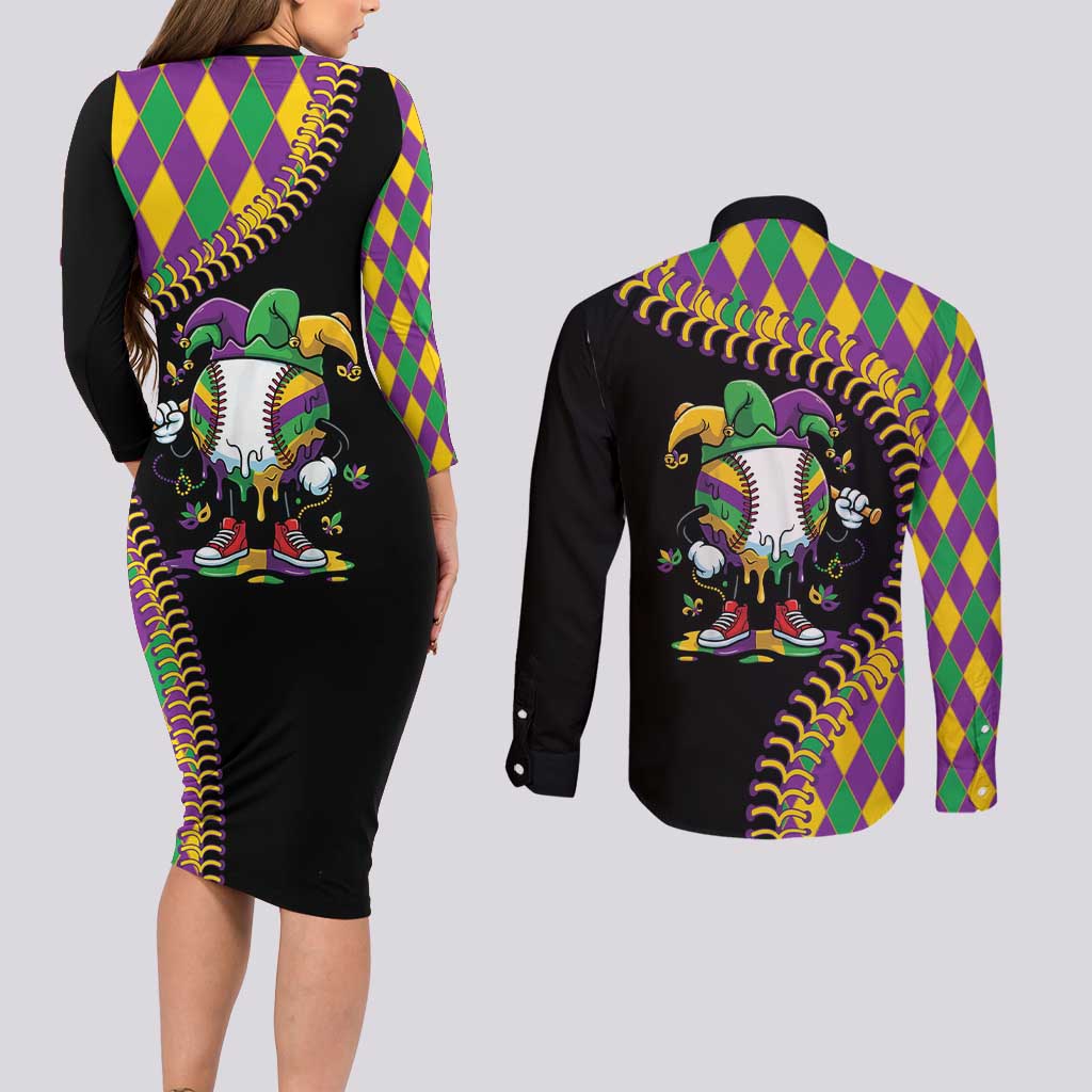 Dripping Baseball Mardi Gras Couples Matching Long Sleeve Bodycon Dress and Long Sleeve Button Shirt Throw me Something Mister!