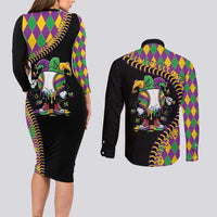 Dripping Baseball Mardi Gras Couples Matching Long Sleeve Bodycon Dress and Long Sleeve Button Shirt Throw me Something Mister!