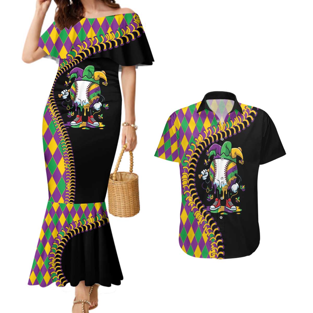Dripping Baseball Mardi Gras Couples Matching Mermaid Dress and Hawaiian Shirt Throw me Something Mister!
