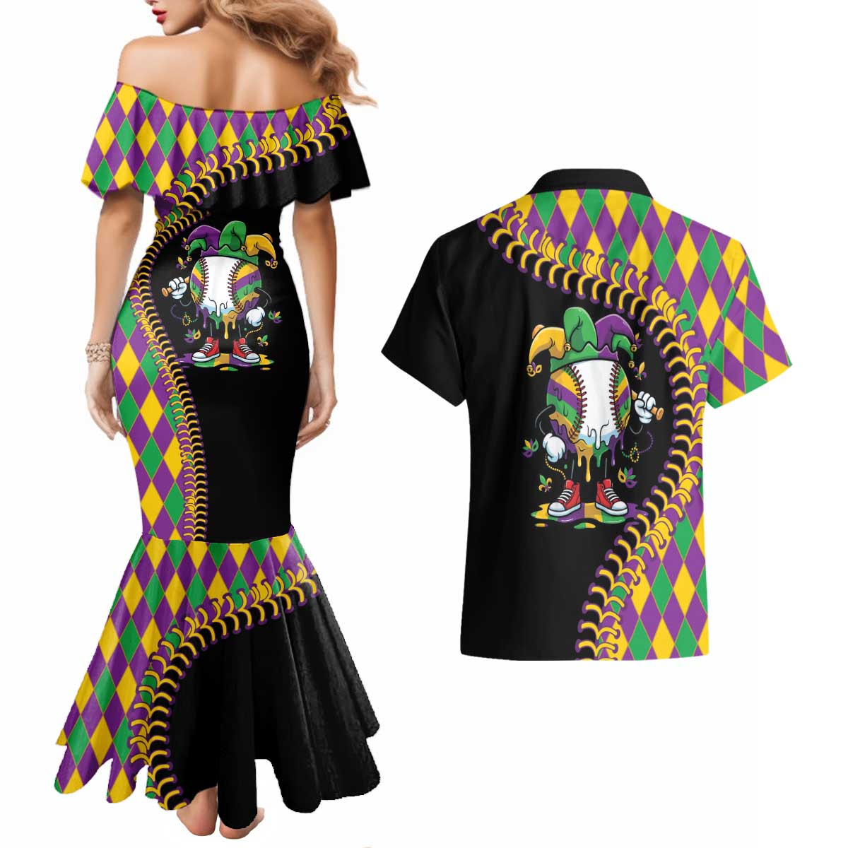 Dripping Baseball Mardi Gras Couples Matching Mermaid Dress and Hawaiian Shirt Throw me Something Mister!