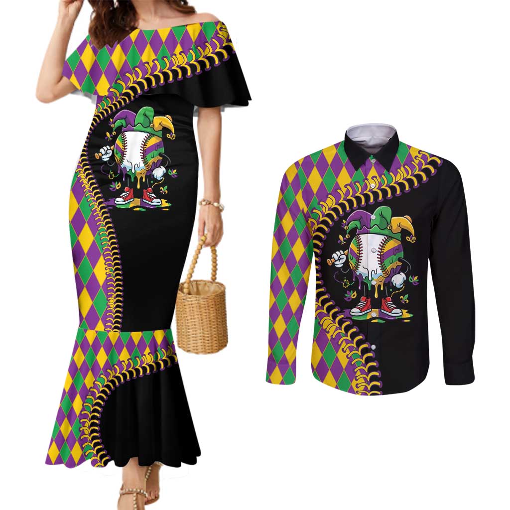 Dripping Baseball Mardi Gras Couples Matching Mermaid Dress and Long Sleeve Button Shirt Throw me Something Mister!