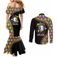 Dripping Baseball Mardi Gras Couples Matching Mermaid Dress and Long Sleeve Button Shirt Throw me Something Mister!