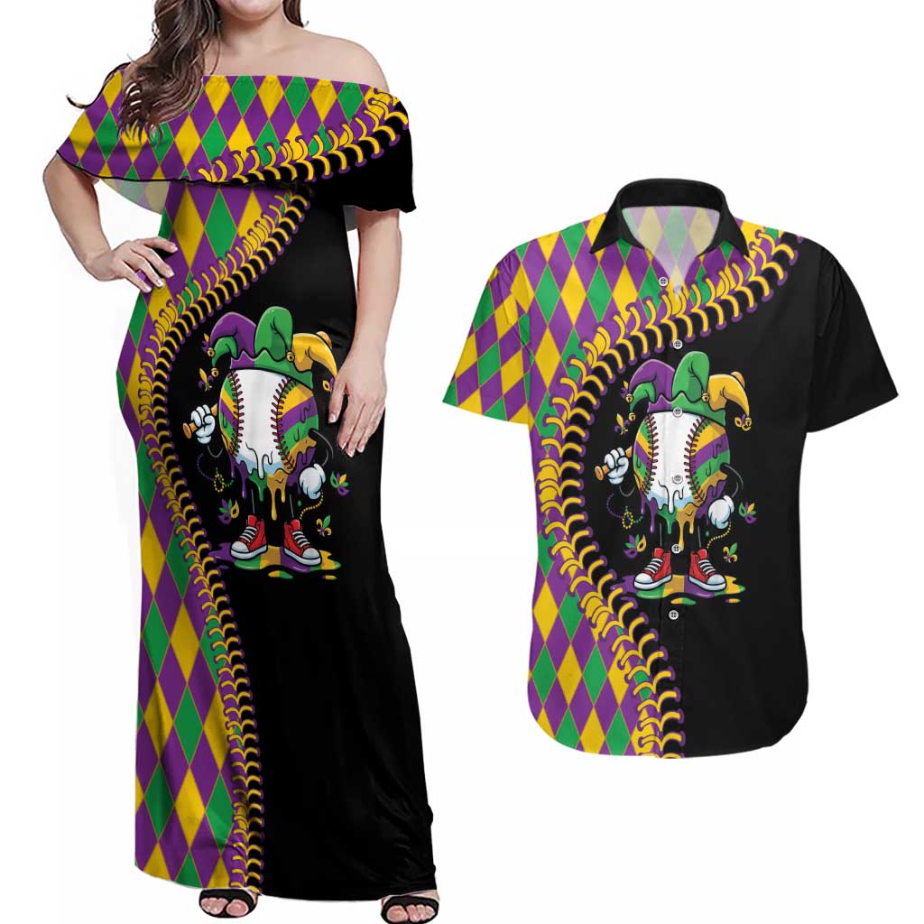 Dripping Baseball Mardi Gras Couples Matching Off Shoulder Maxi Dress and Hawaiian Shirt Throw me Something Mister!