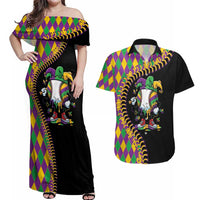 Dripping Baseball Mardi Gras Couples Matching Off Shoulder Maxi Dress and Hawaiian Shirt Throw me Something Mister!