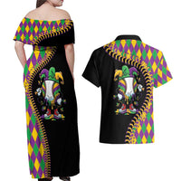 Dripping Baseball Mardi Gras Couples Matching Off Shoulder Maxi Dress and Hawaiian Shirt Throw me Something Mister!