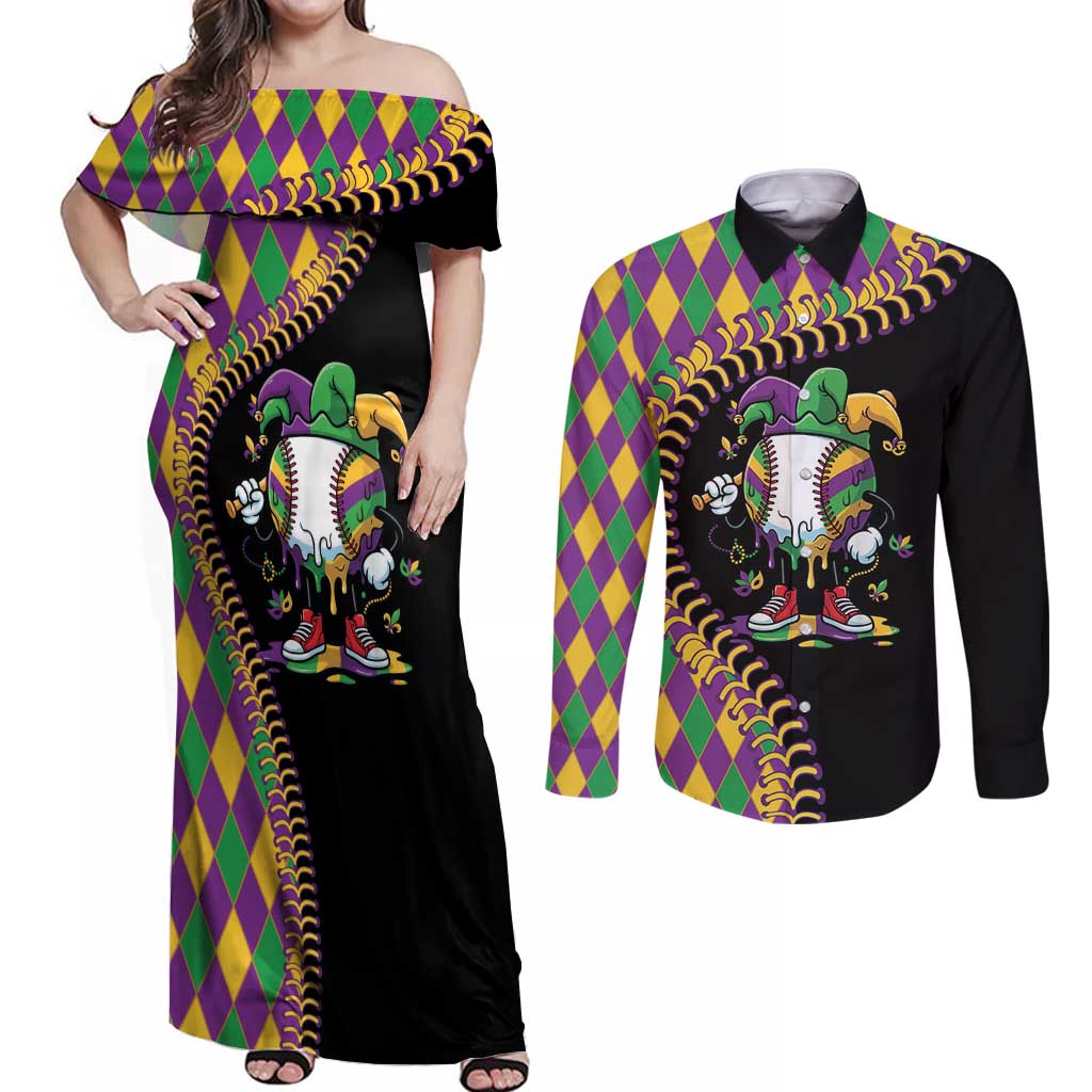 Dripping Baseball Mardi Gras Couples Matching Off Shoulder Maxi Dress and Long Sleeve Button Shirt Throw me Something Mister!