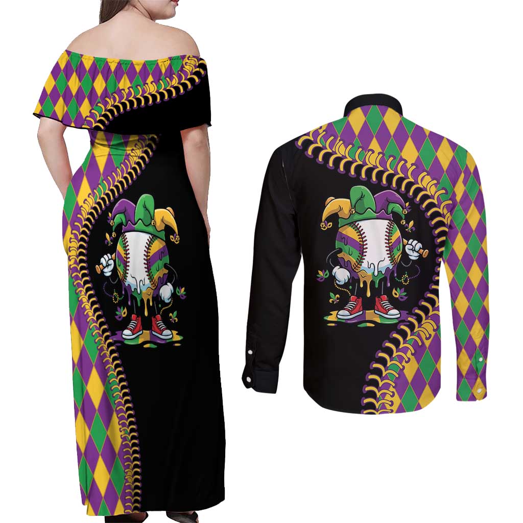 Dripping Baseball Mardi Gras Couples Matching Off Shoulder Maxi Dress and Long Sleeve Button Shirt Throw me Something Mister!