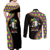 Dripping Baseball Mardi Gras Couples Matching Off Shoulder Maxi Dress and Long Sleeve Button Shirt Throw me Something Mister!
