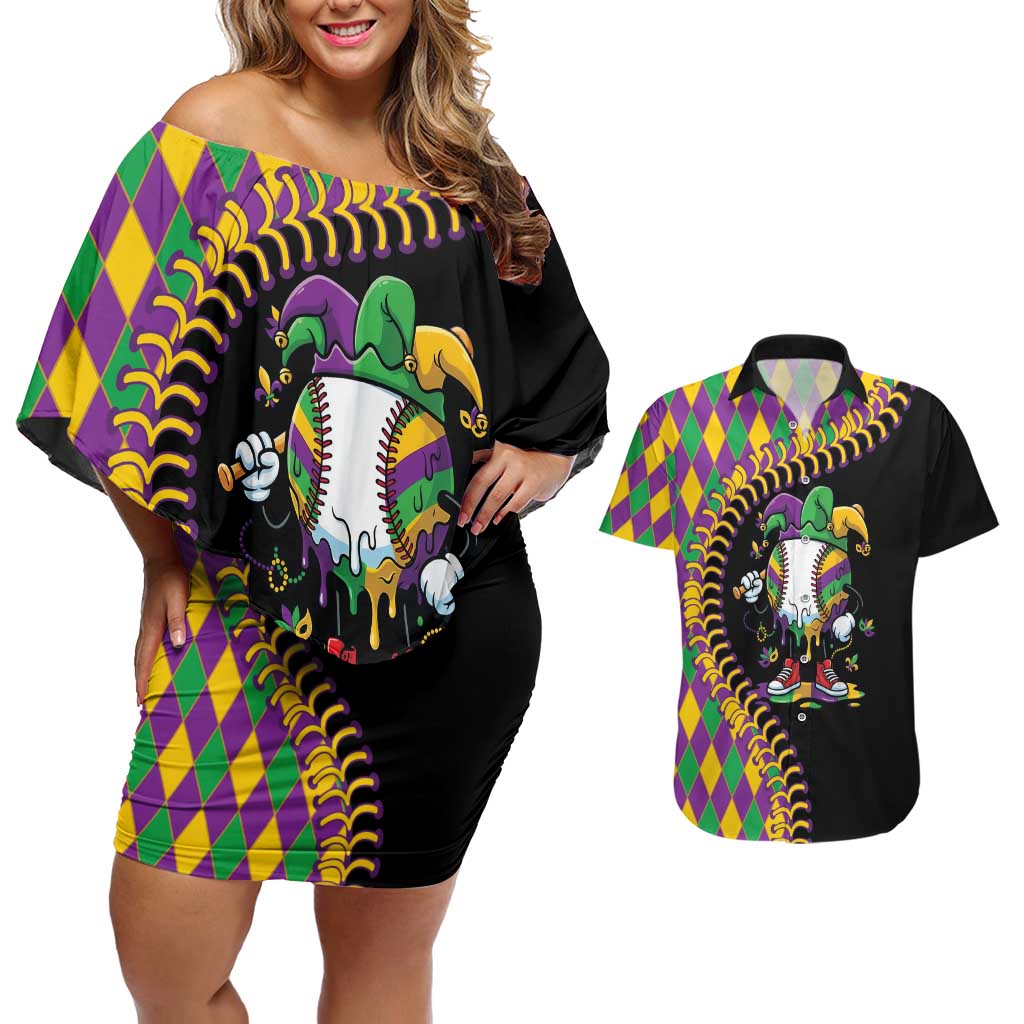 Dripping Baseball Mardi Gras Couples Matching Off Shoulder Short Dress and Hawaiian Shirt Throw me Something Mister!