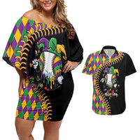 Dripping Baseball Mardi Gras Couples Matching Off Shoulder Short Dress and Hawaiian Shirt Throw me Something Mister!