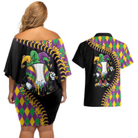 Dripping Baseball Mardi Gras Couples Matching Off Shoulder Short Dress and Hawaiian Shirt Throw me Something Mister!