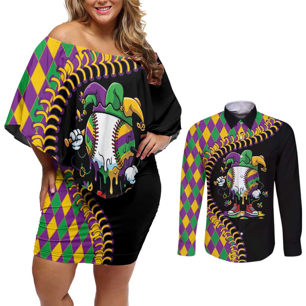 Dripping Baseball Mardi Gras Couples Matching Off Shoulder Short Dress and Long Sleeve Button Shirt Throw me Something Mister!