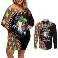 Dripping Baseball Mardi Gras Couples Matching Off Shoulder Short Dress and Long Sleeve Button Shirt Throw me Something Mister!