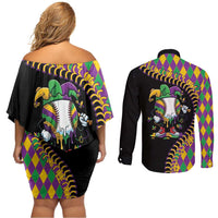 Dripping Baseball Mardi Gras Couples Matching Off Shoulder Short Dress and Long Sleeve Button Shirt Throw me Something Mister!