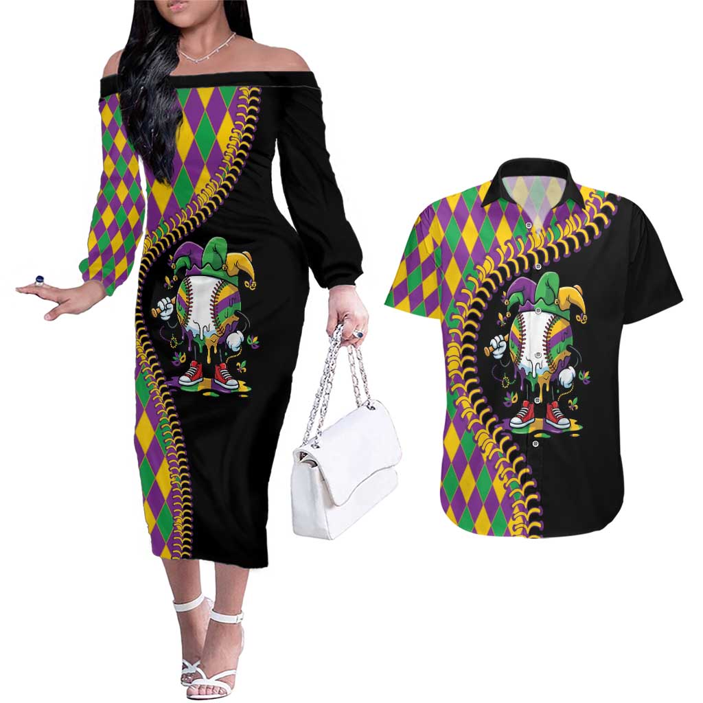 Dripping Baseball Mardi Gras Couples Matching Off The Shoulder Long Sleeve Dress and Hawaiian Shirt Throw me Something Mister!