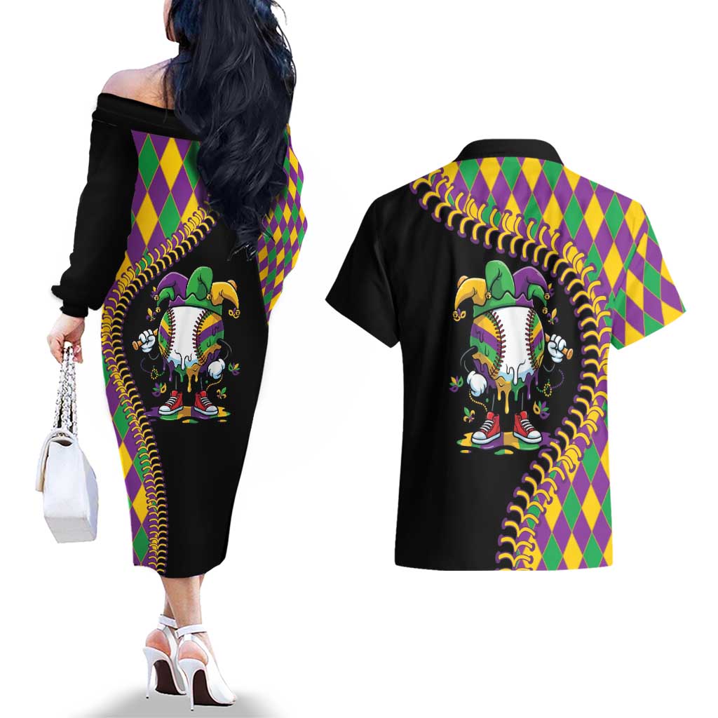 Dripping Baseball Mardi Gras Couples Matching Off The Shoulder Long Sleeve Dress and Hawaiian Shirt Throw me Something Mister!
