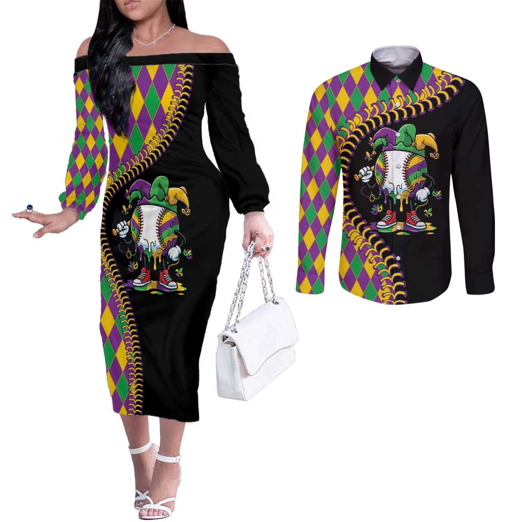 Dripping Baseball Mardi Gras Couples Matching Off The Shoulder Long Sleeve Dress and Long Sleeve Button Shirt Throw me Something Mister!