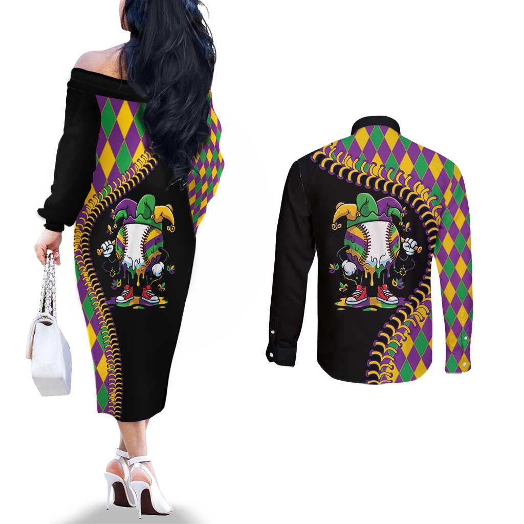 Dripping Baseball Mardi Gras Couples Matching Off The Shoulder Long Sleeve Dress and Long Sleeve Button Shirt Throw me Something Mister!