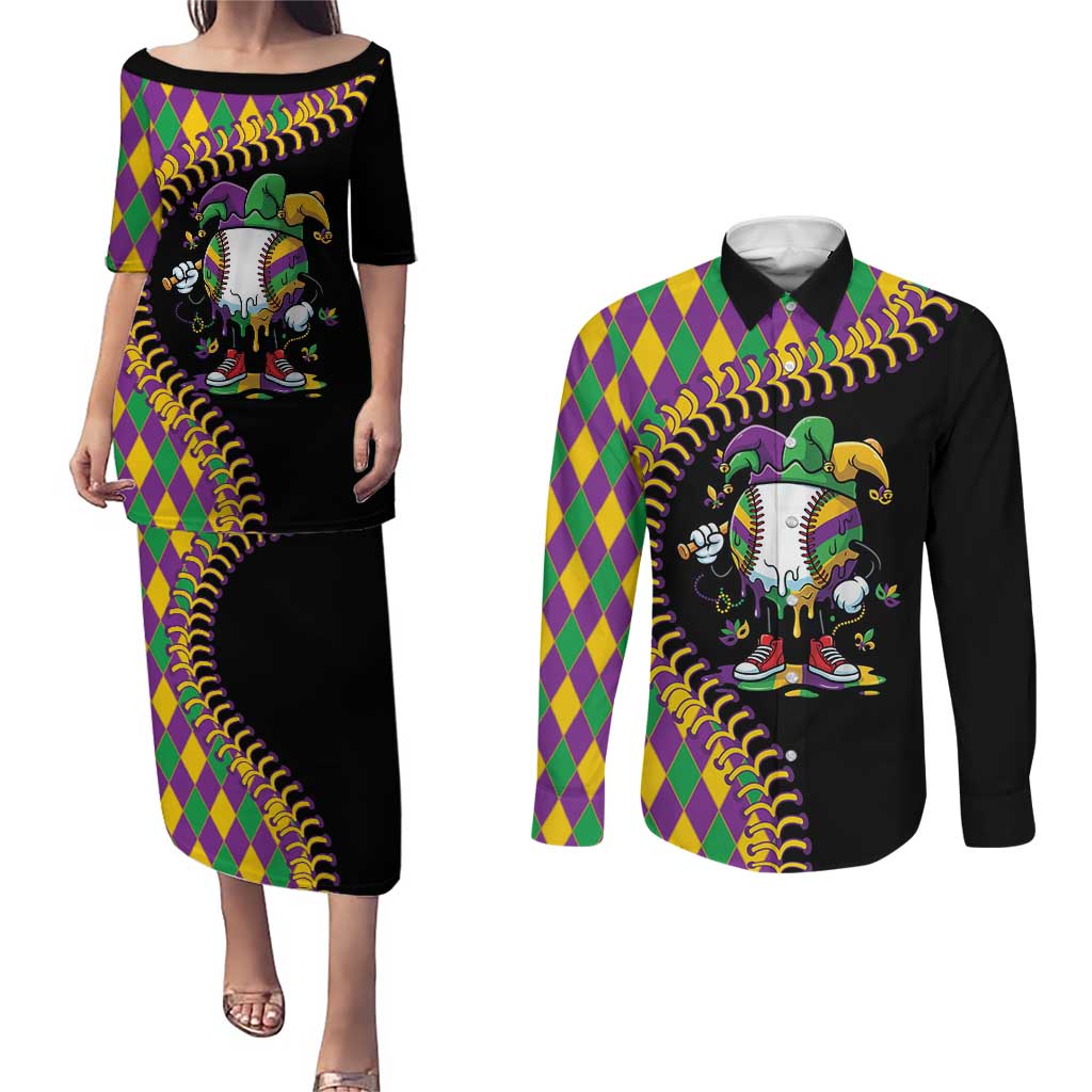 Dripping Baseball Mardi Gras Couples Matching Puletasi and Long Sleeve Button Shirt Throw me Something Mister!