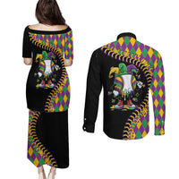 Dripping Baseball Mardi Gras Couples Matching Puletasi and Long Sleeve Button Shirt Throw me Something Mister!