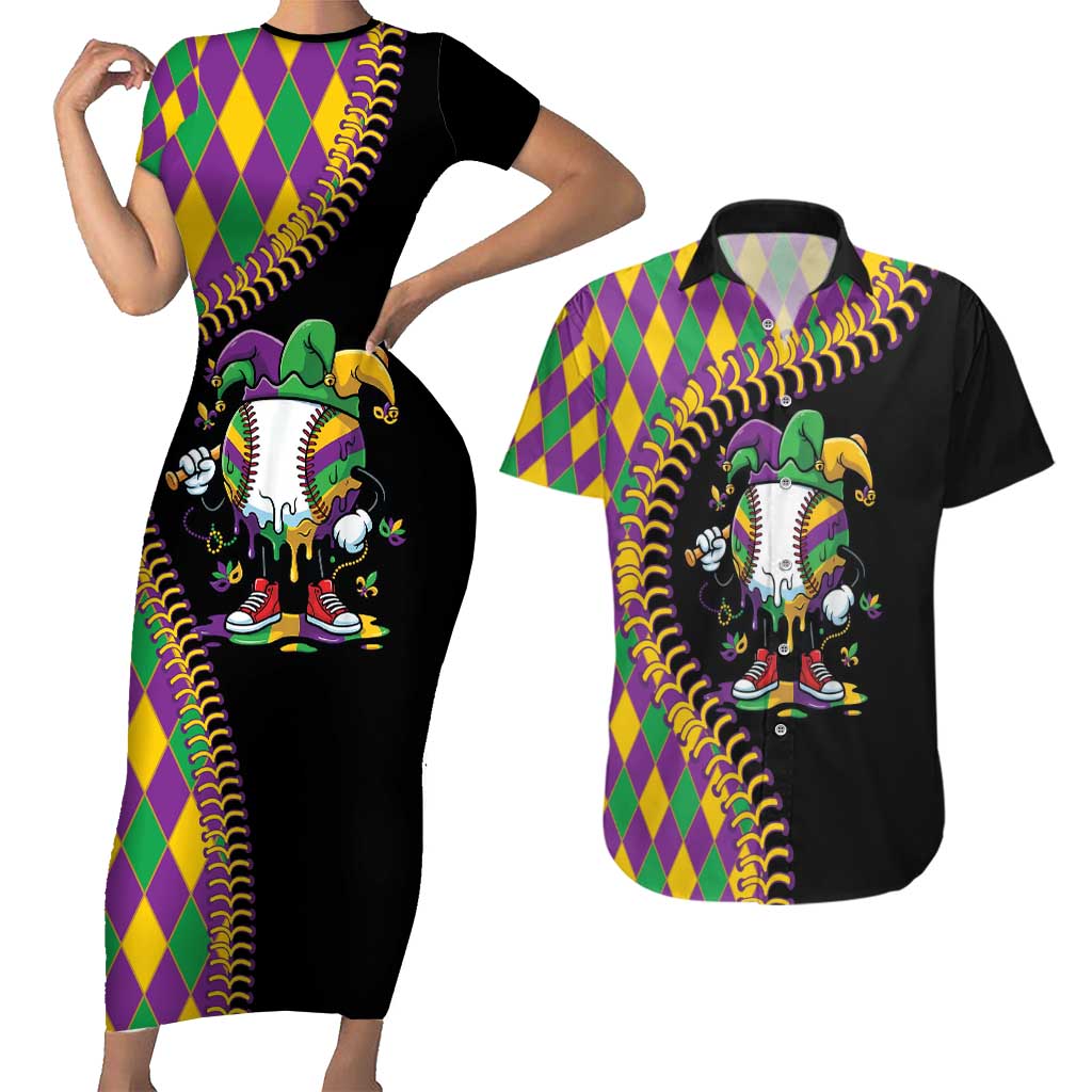 Dripping Baseball Mardi Gras Couples Matching Short Sleeve Bodycon Dress and Hawaiian Shirt Throw me Something Mister!