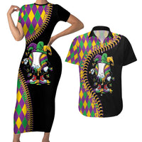 Dripping Baseball Mardi Gras Couples Matching Short Sleeve Bodycon Dress and Hawaiian Shirt Throw me Something Mister!