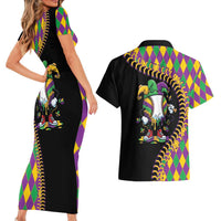 Dripping Baseball Mardi Gras Couples Matching Short Sleeve Bodycon Dress and Hawaiian Shirt Throw me Something Mister!