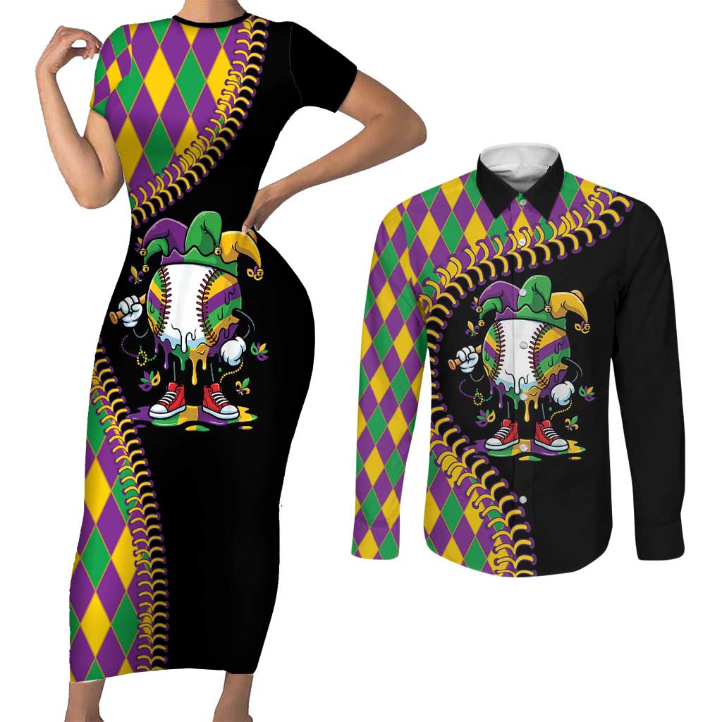 Dripping Baseball Mardi Gras Couples Matching Short Sleeve Bodycon Dress and Long Sleeve Button Shirt Throw me Something Mister!