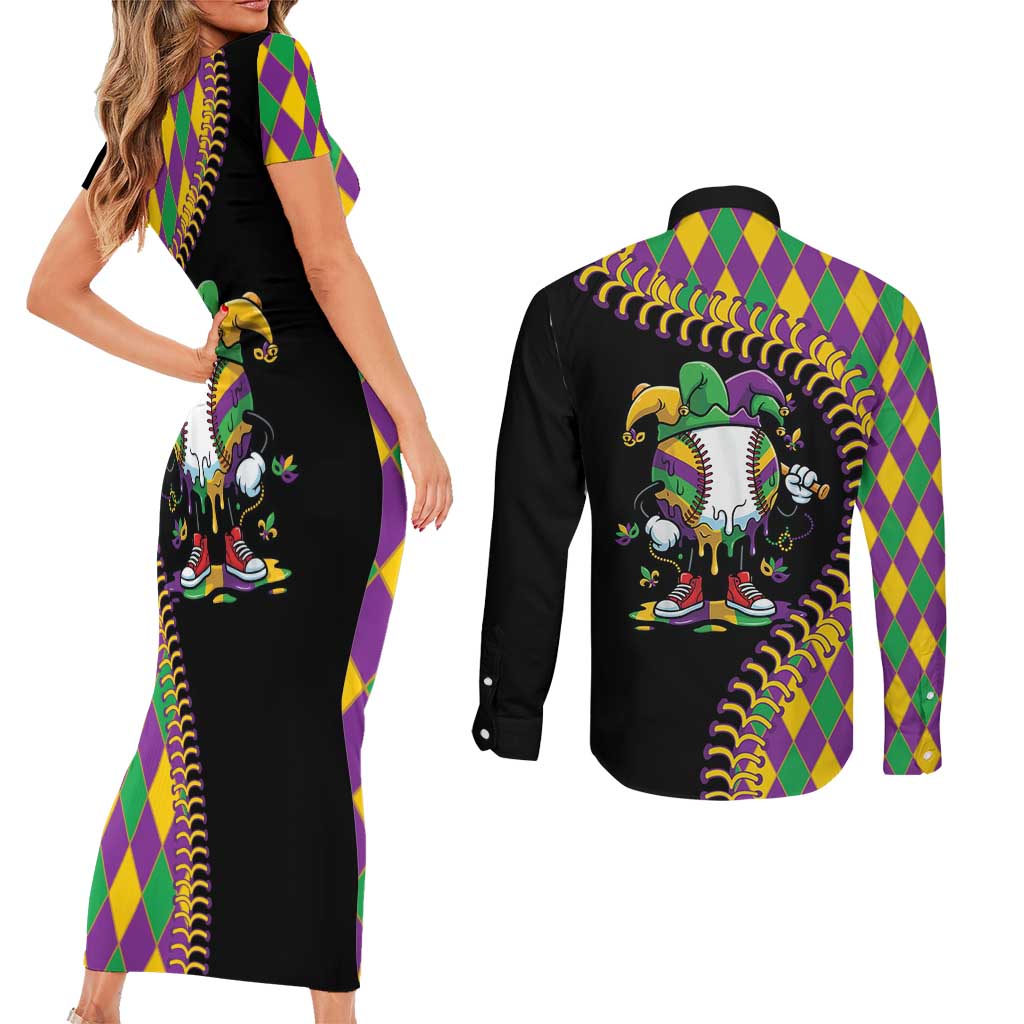 Dripping Baseball Mardi Gras Couples Matching Short Sleeve Bodycon Dress and Long Sleeve Button Shirt Throw me Something Mister!
