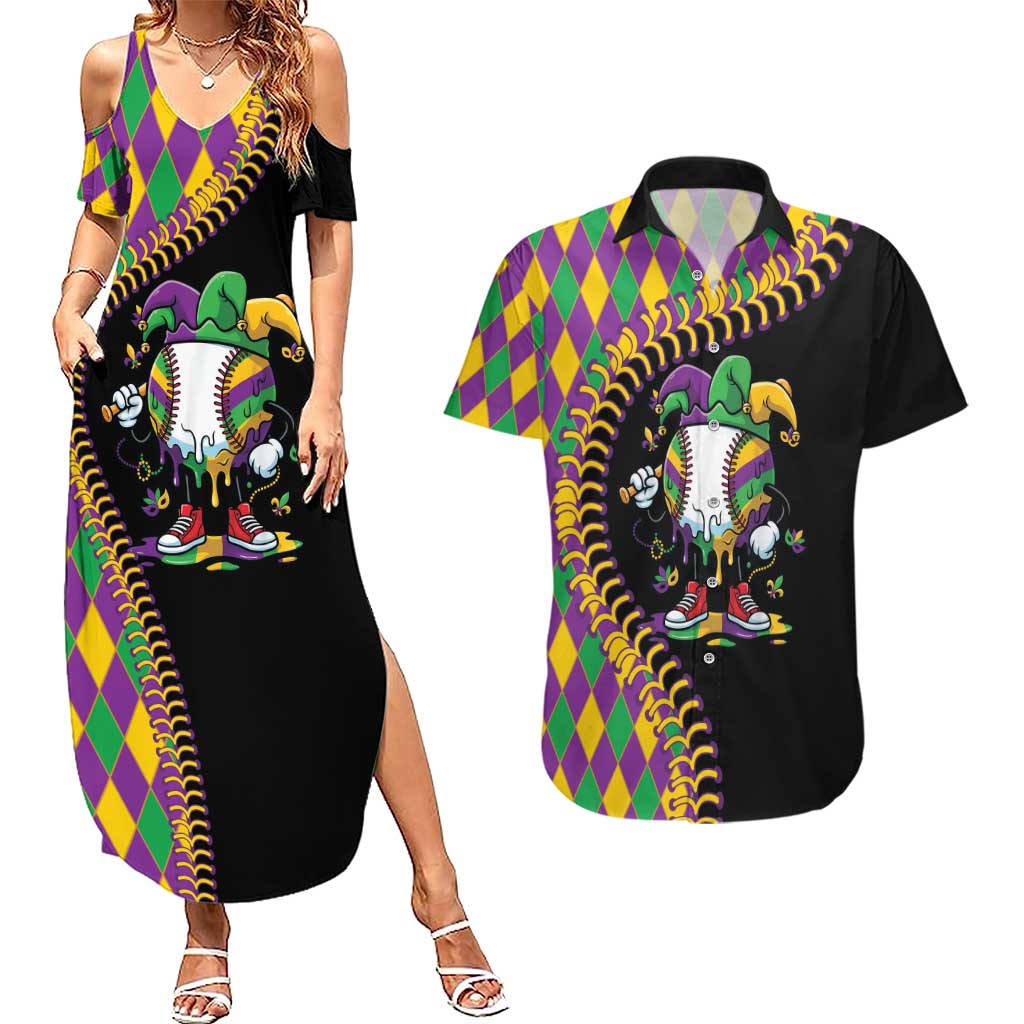 Dripping Baseball Mardi Gras Couples Matching Summer Maxi Dress and Hawaiian Shirt Throw me Something Mister!