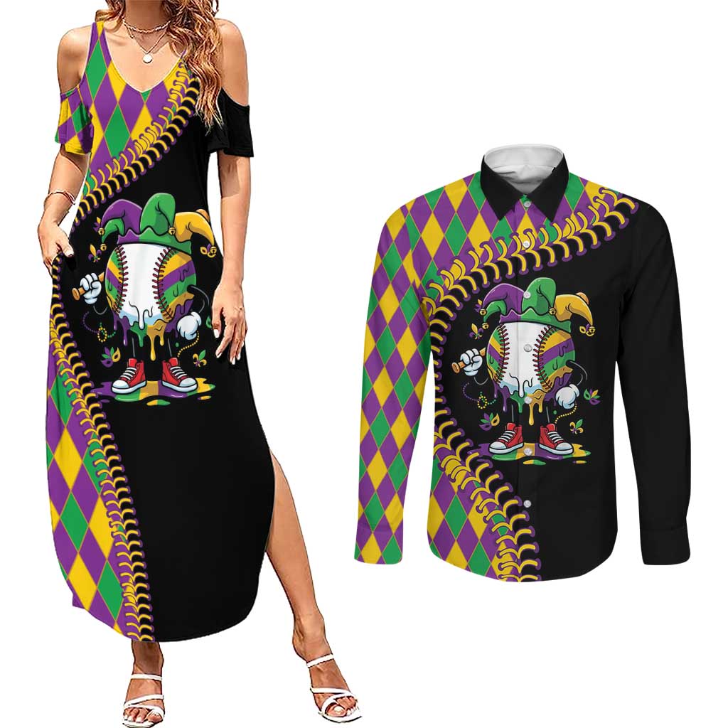 Dripping Baseball Mardi Gras Couples Matching Summer Maxi Dress and Long Sleeve Button Shirt Throw me Something Mister!