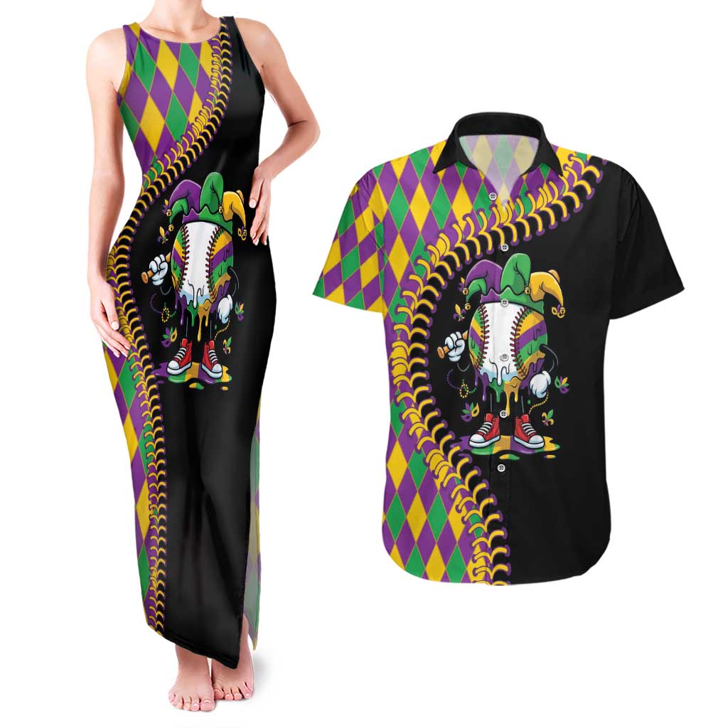 Dripping Baseball Mardi Gras Couples Matching Tank Maxi Dress and Hawaiian Shirt Throw me Something Mister!