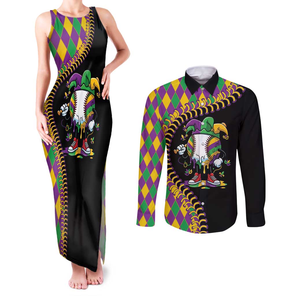 Dripping Baseball Mardi Gras Couples Matching Tank Maxi Dress and Long Sleeve Button Shirt Throw me Something Mister!