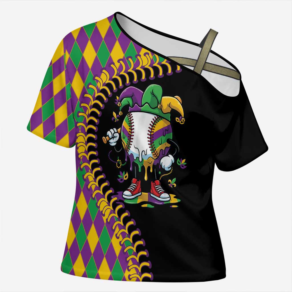 Dripping Baseball Mardi Gras Cross Shoulder Shirt Throw me Something Mister!
