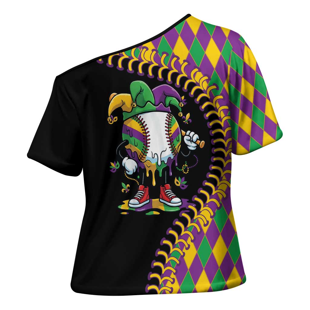 Dripping Baseball Mardi Gras Cross Shoulder Shirt Throw me Something Mister!