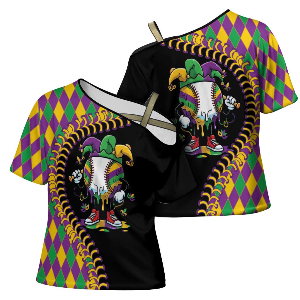 Dripping Baseball Mardi Gras Cross Shoulder Shirt Throw me Something Mister!