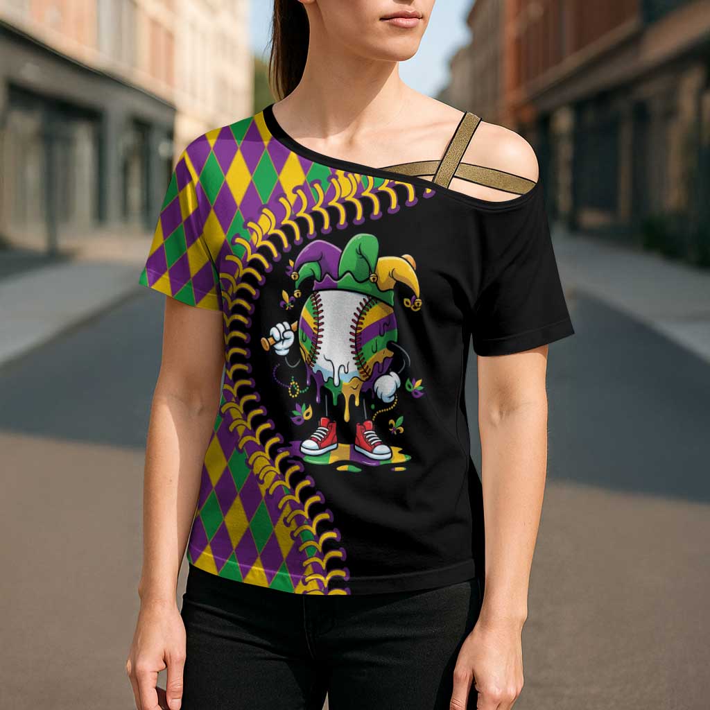Dripping Baseball Mardi Gras Cross Shoulder Shirt Throw me Something Mister!