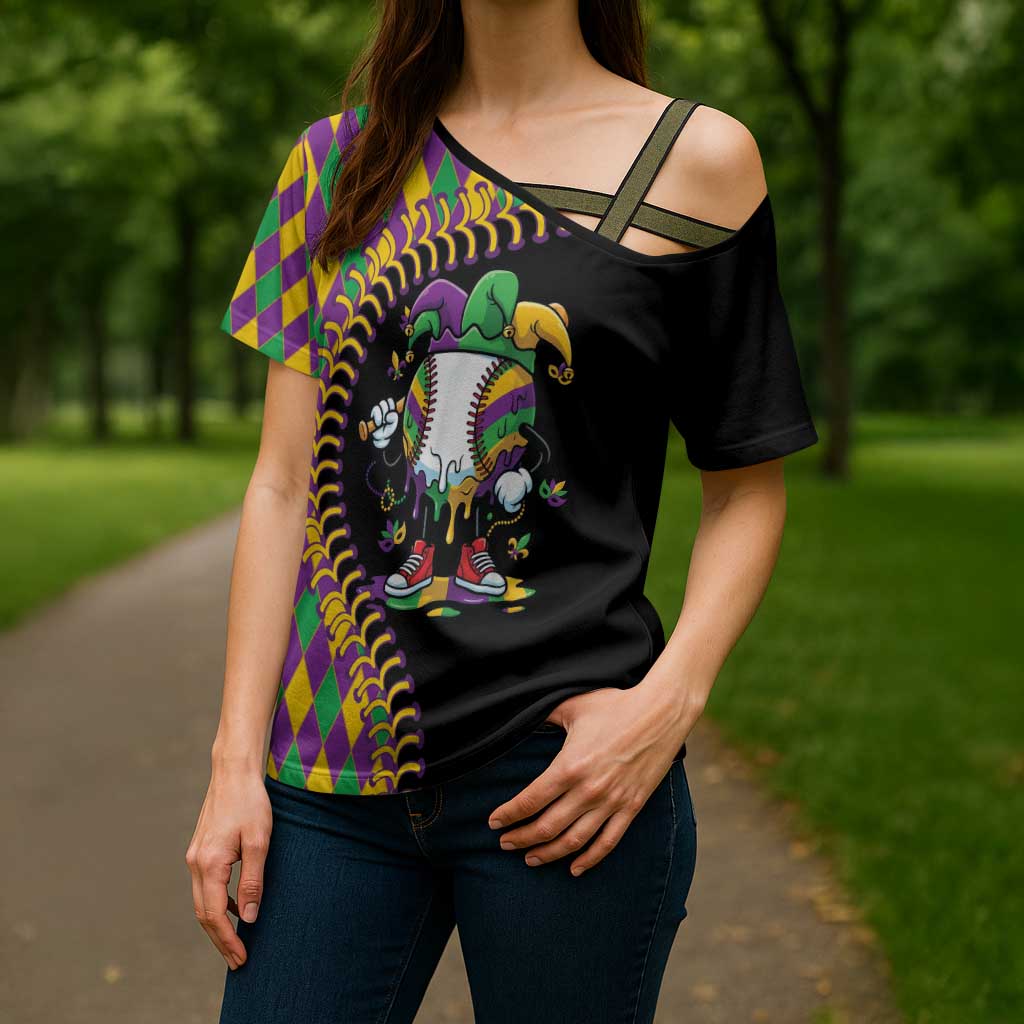 Dripping Baseball Mardi Gras Cross Shoulder Shirt Throw me Something Mister!
