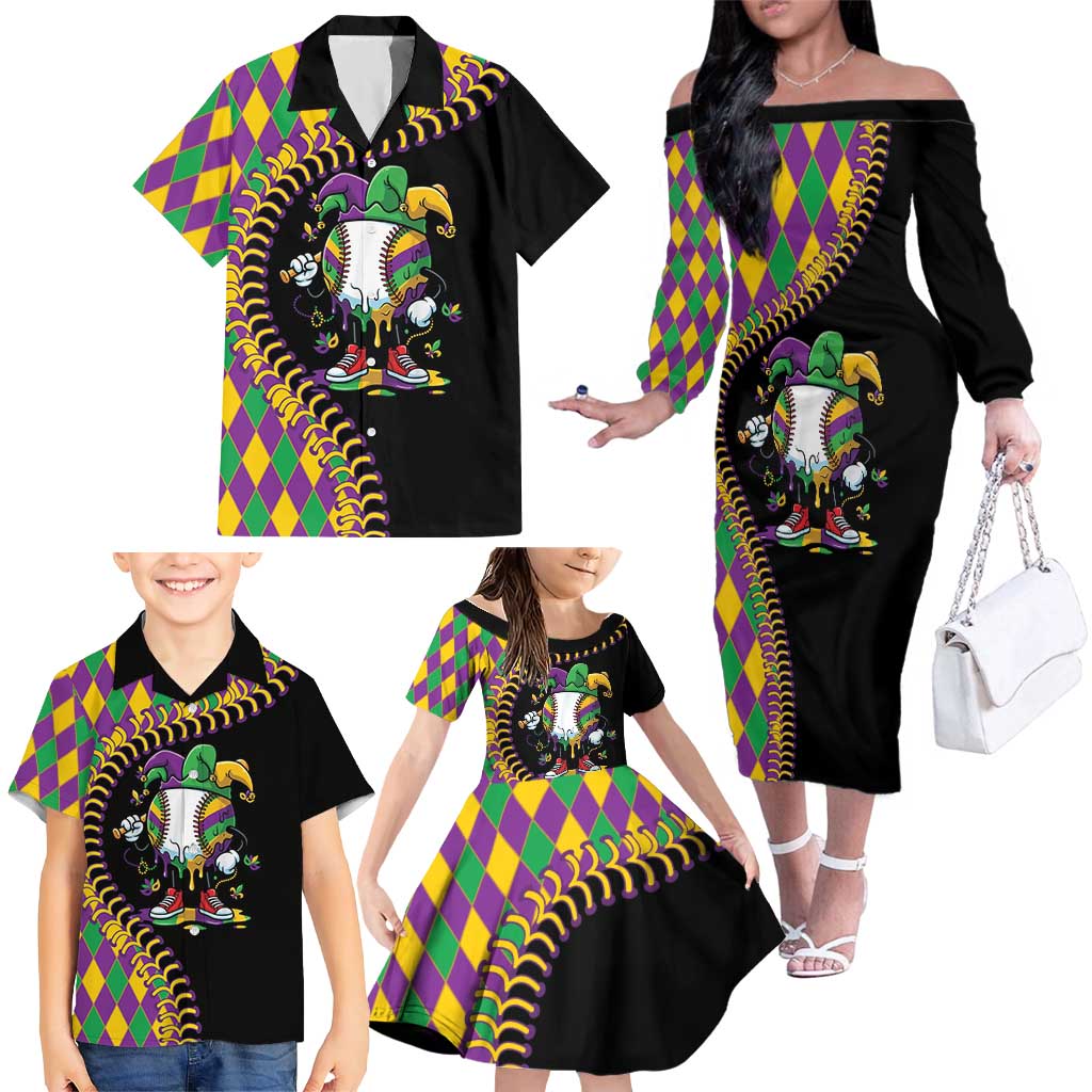 Dripping Baseball Mardi Gras Family Matching Off The Shoulder Long Sleeve Dress and Hawaiian Shirt Throw me Something Mister!