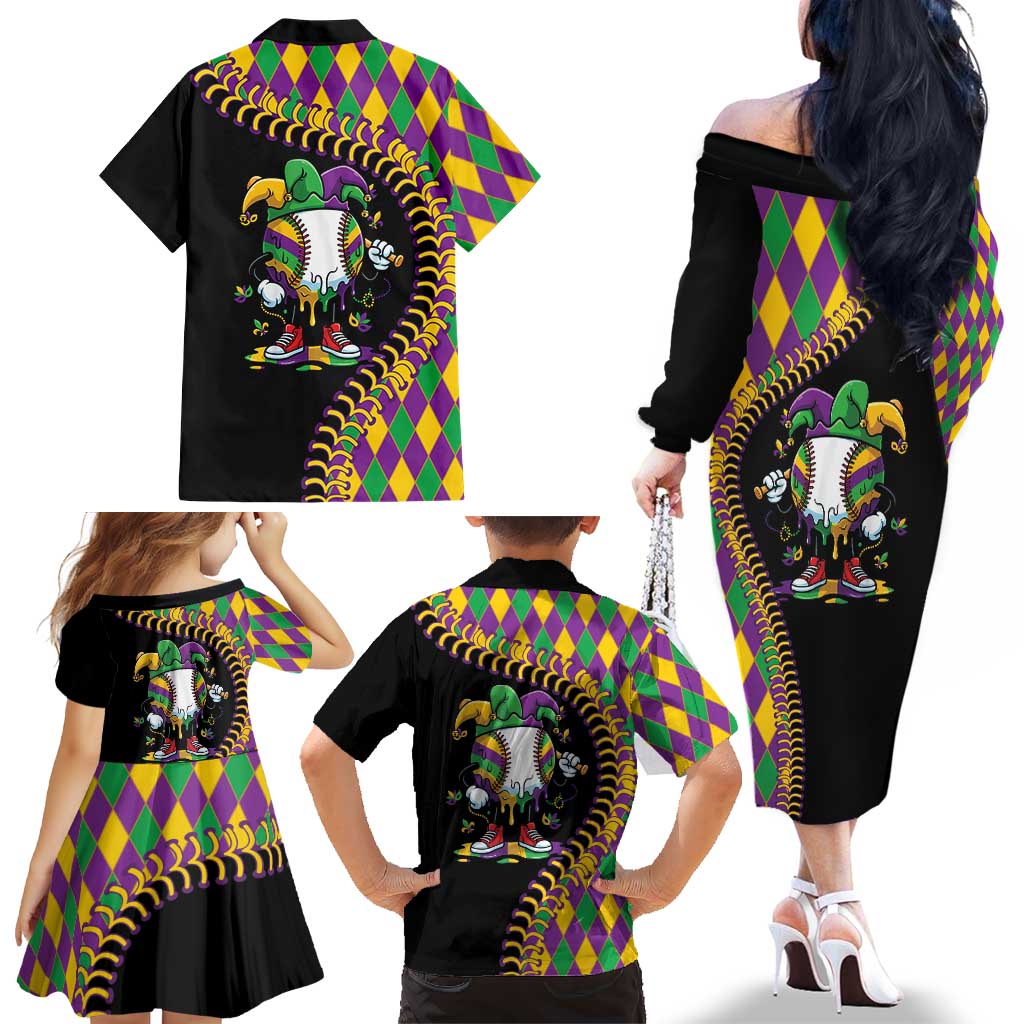 Dripping Baseball Mardi Gras Family Matching Off The Shoulder Long Sleeve Dress and Hawaiian Shirt Throw me Something Mister!